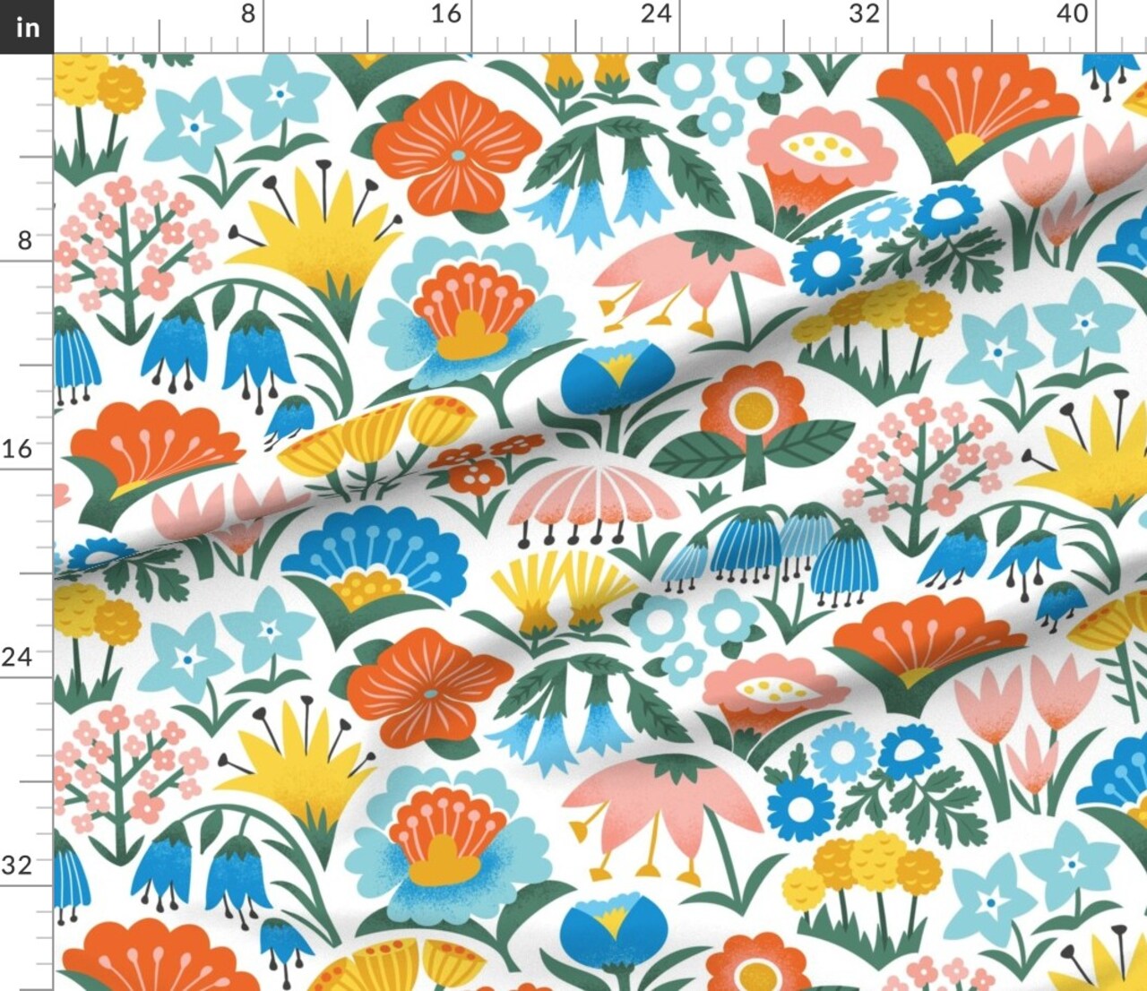 Scandinavian Floral Folk Flowers Pink Yellow Blue Garden Botanical Vintage Retro Midcentury Modern Custom Printed Fabric by Spoonflower Various Fabrics by the Yard or Fat Quarter